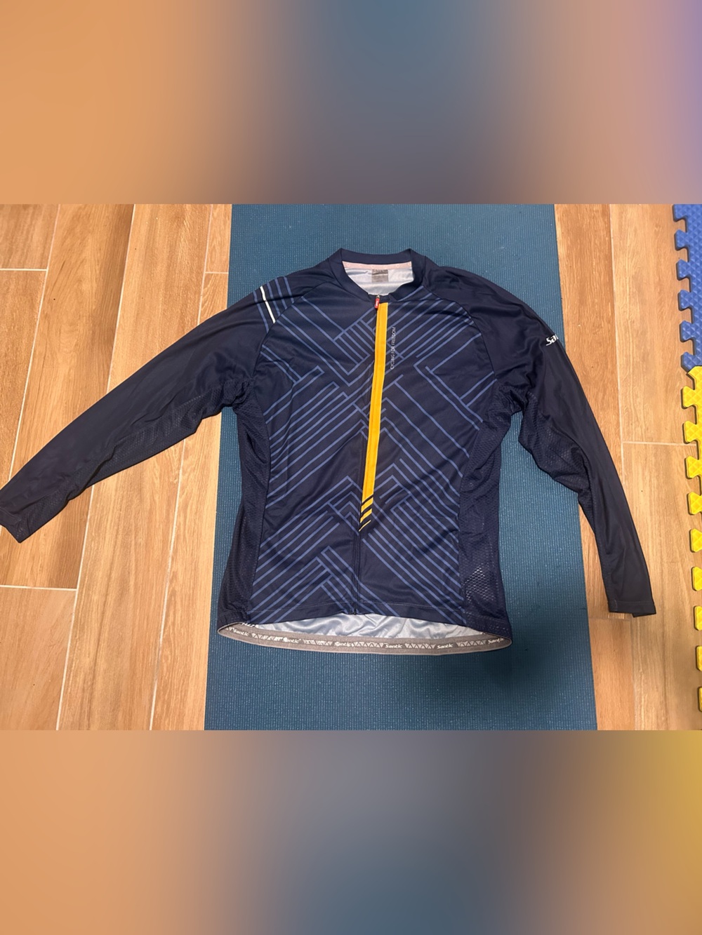 Men's XL Navy Long-Sleeve Cycling Jersey with Yellow Zip